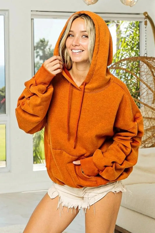 BiBi Ruched Long Sleeve Washed Fleece Hoodie - Love Salve