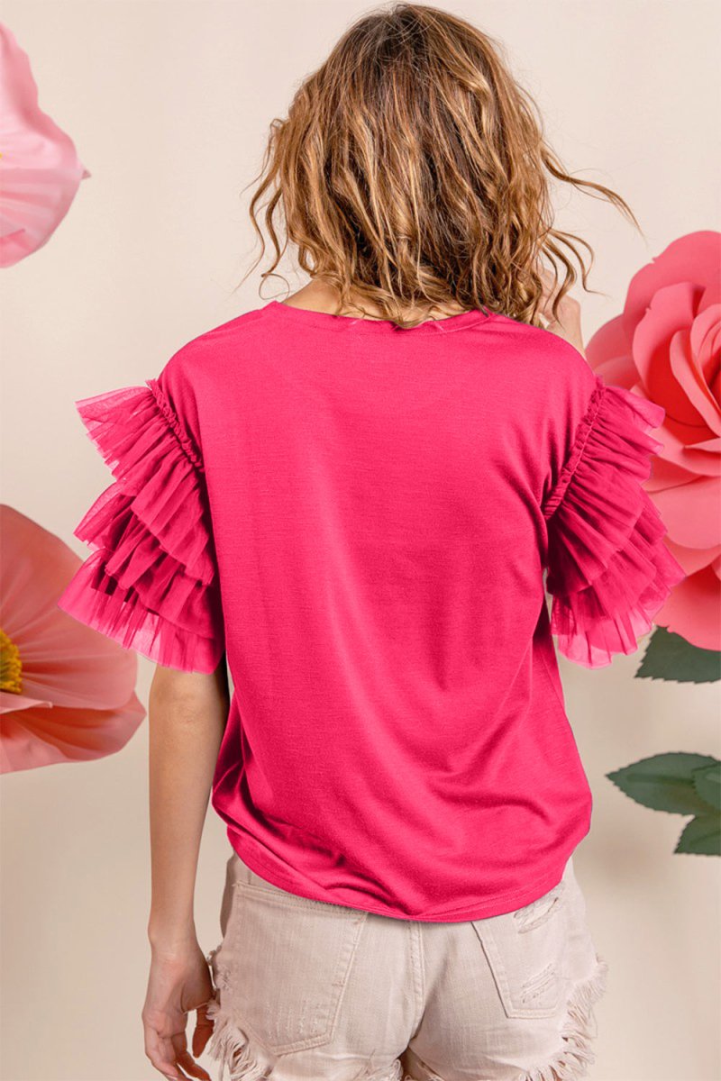 BiBi Ruffle Mesh Lace Layered Short Sleeve Top for Women - Love Salve