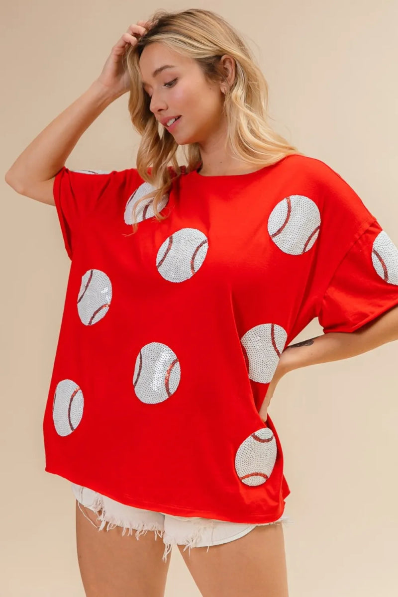 BiBi Sequin Baseball Drop Shoulder Short Sleeve T-Shirt - Love Salve