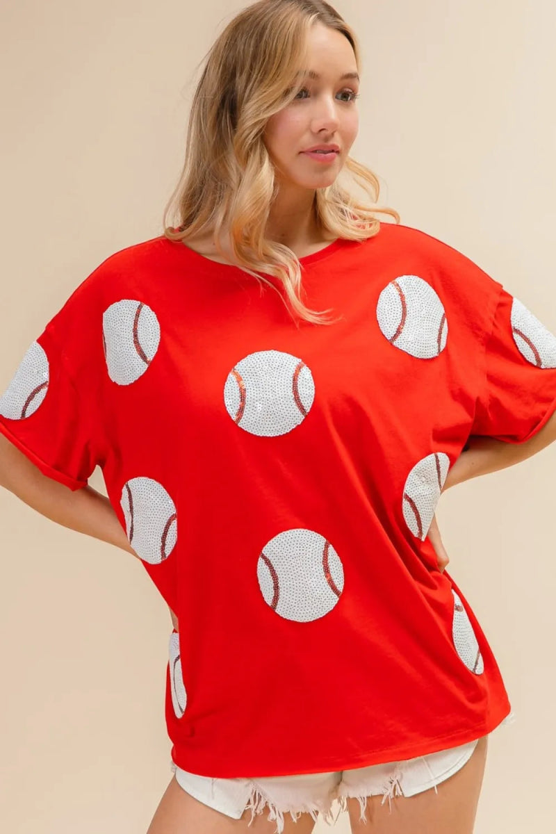 BiBi Sequin Baseball Drop Shoulder Short Sleeve T-Shirt - Love Salve