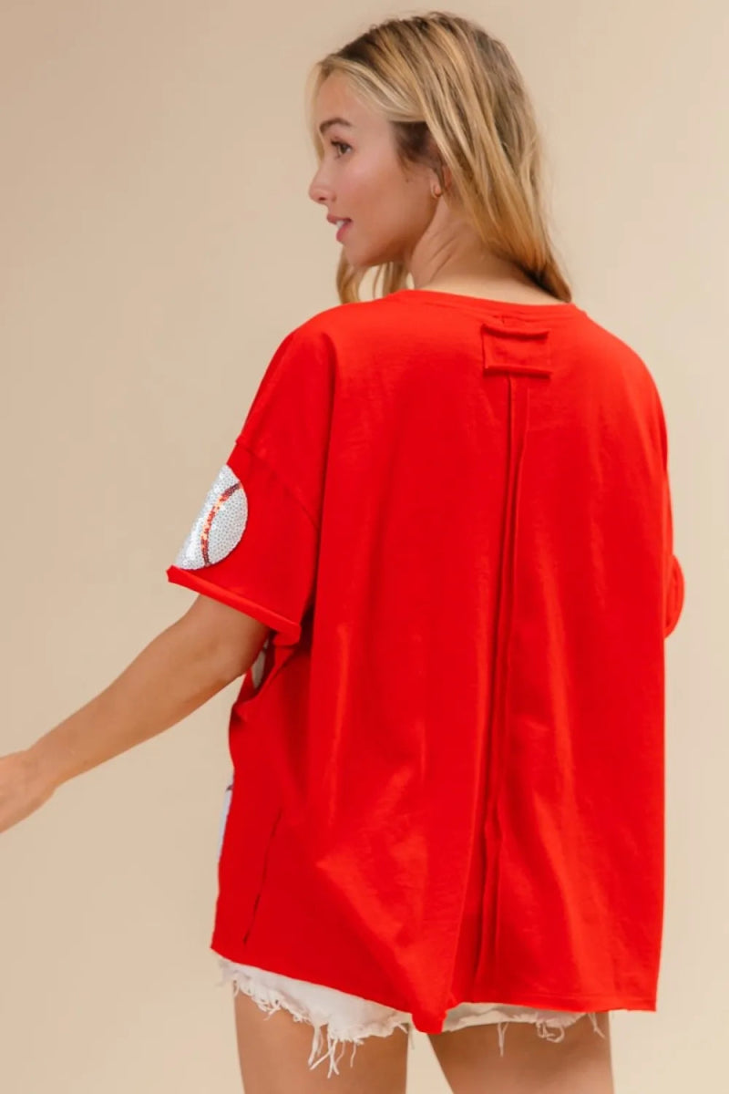 BiBi Sequin Baseball Drop Shoulder Short Sleeve T-Shirt - Love Salve