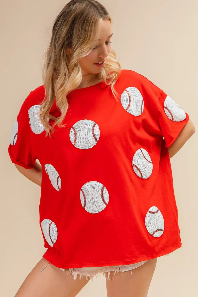 BiBi Sequin Baseball Drop Shoulder Short Sleeve T-Shirt - Love Salve