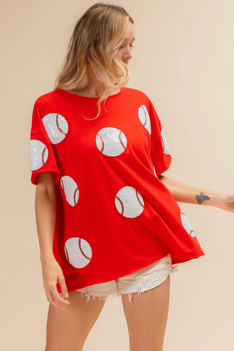 BiBi Sequin Baseball Drop Shoulder Short Sleeve T-Shirt - Love Salve