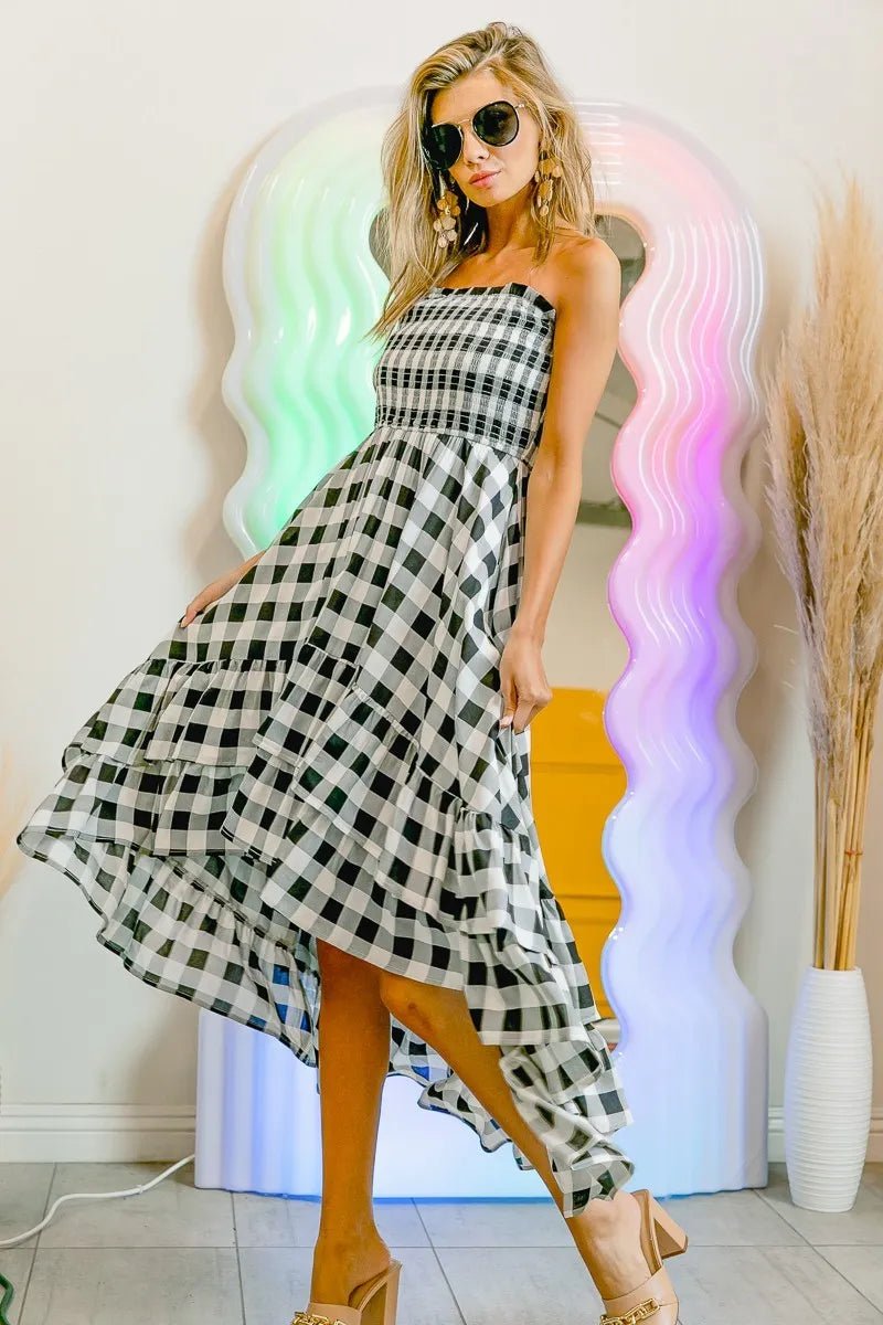 BiBi Smocked Body Off Shoulder Check Dress for Women - Love Salve