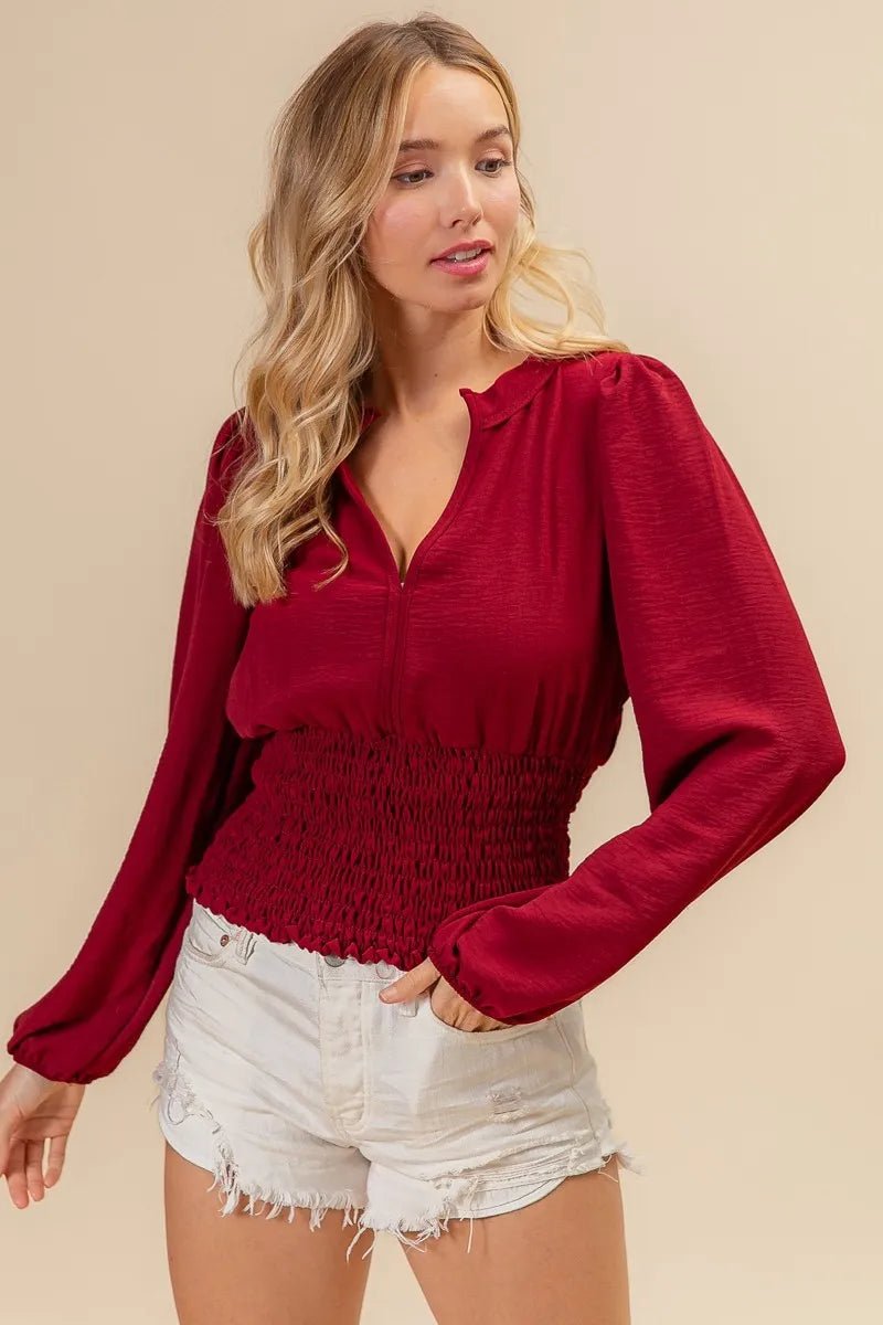 BiBi Smoking Waist Band and Puff Sleeves Deep V Neck Top - Love Salve