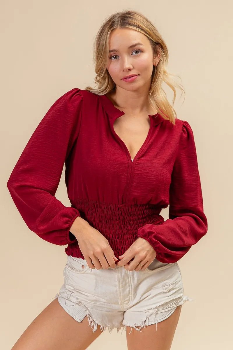 BiBi Smoking Waist Band and Puff Sleeves Deep V Neck Top - Love Salve