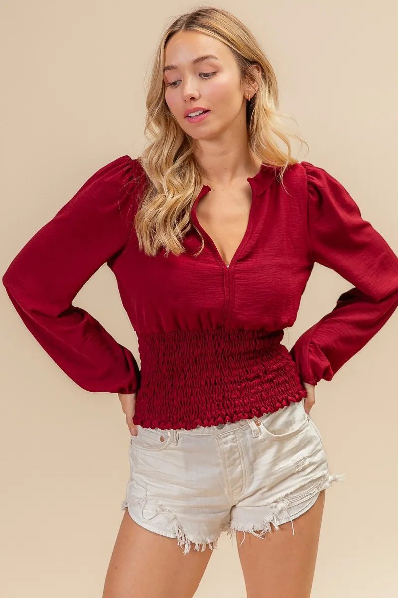 BiBi Smoking Waist Band and Puff Sleeves Deep V Neck Top - Love Salve