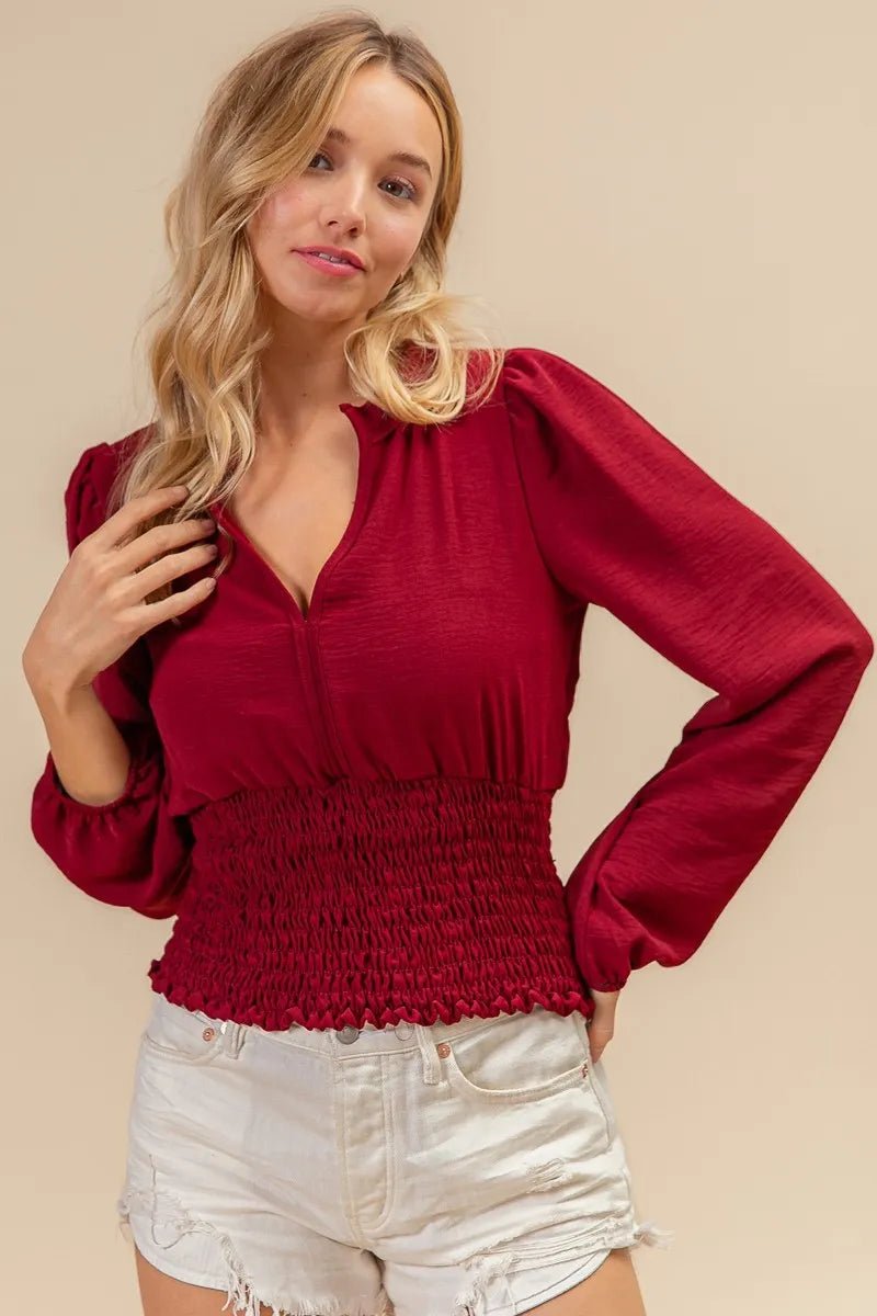 BiBi Smoking Waist Band and Puff Sleeves Deep V Neck Top - Love Salve