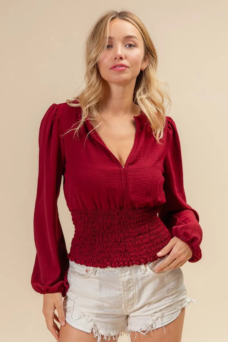 BiBi Smoking Waist Band and Puff Sleeves Deep V Neck Top - Love Salve
