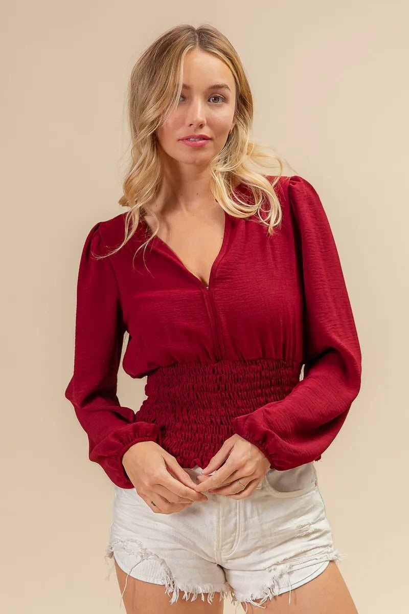 BiBi Smoking Waist Band and Puff Sleeves Deep V Neck Top - Love Salve