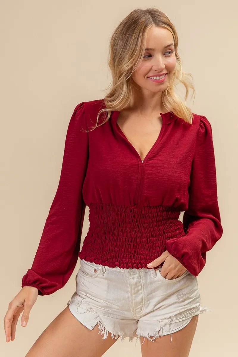 BiBi Smoking Waist Band and Puff Sleeves Deep V Neck Top - Love Salve