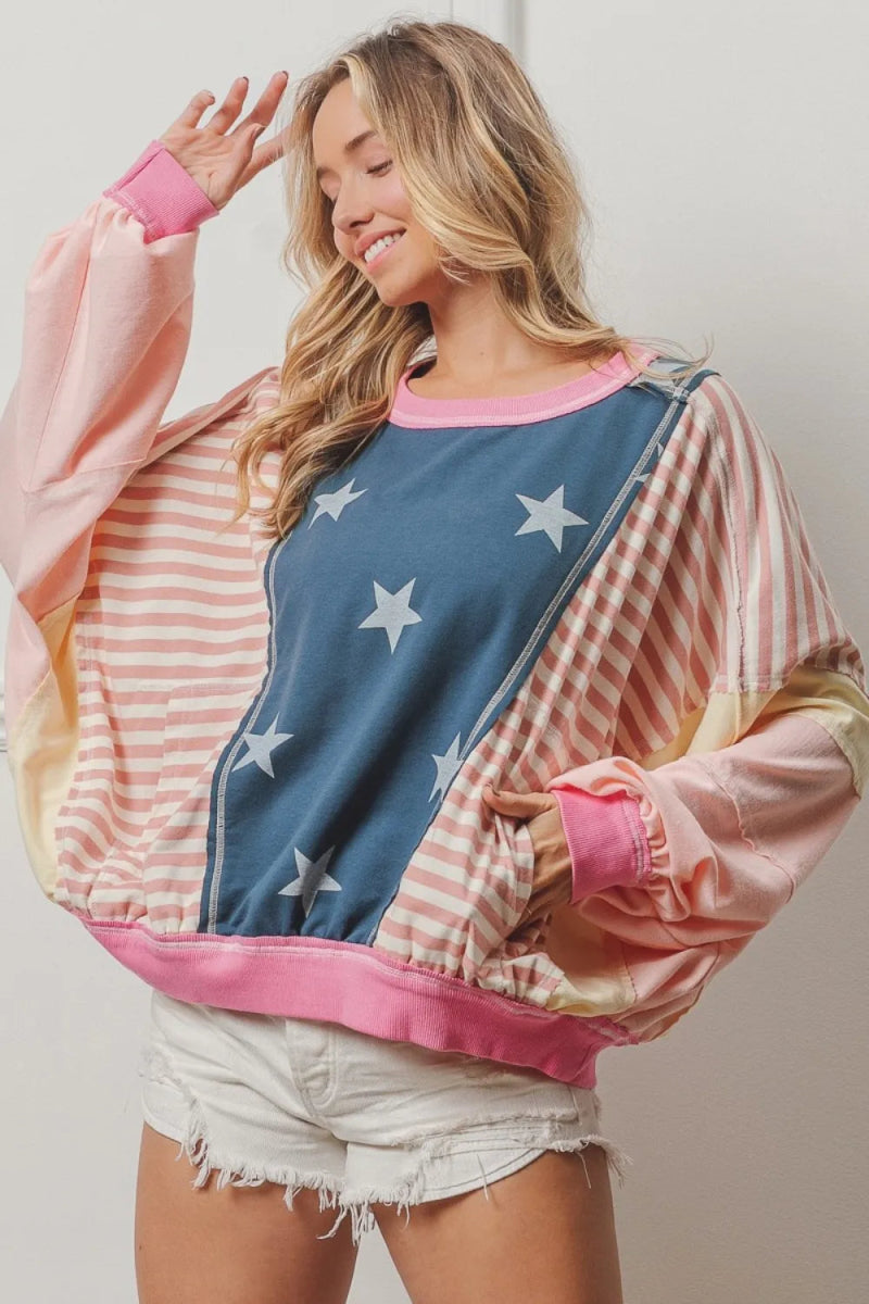 BiBi Stars and Stripes Round Neck Long Sleeve Top for Women - Love Salve