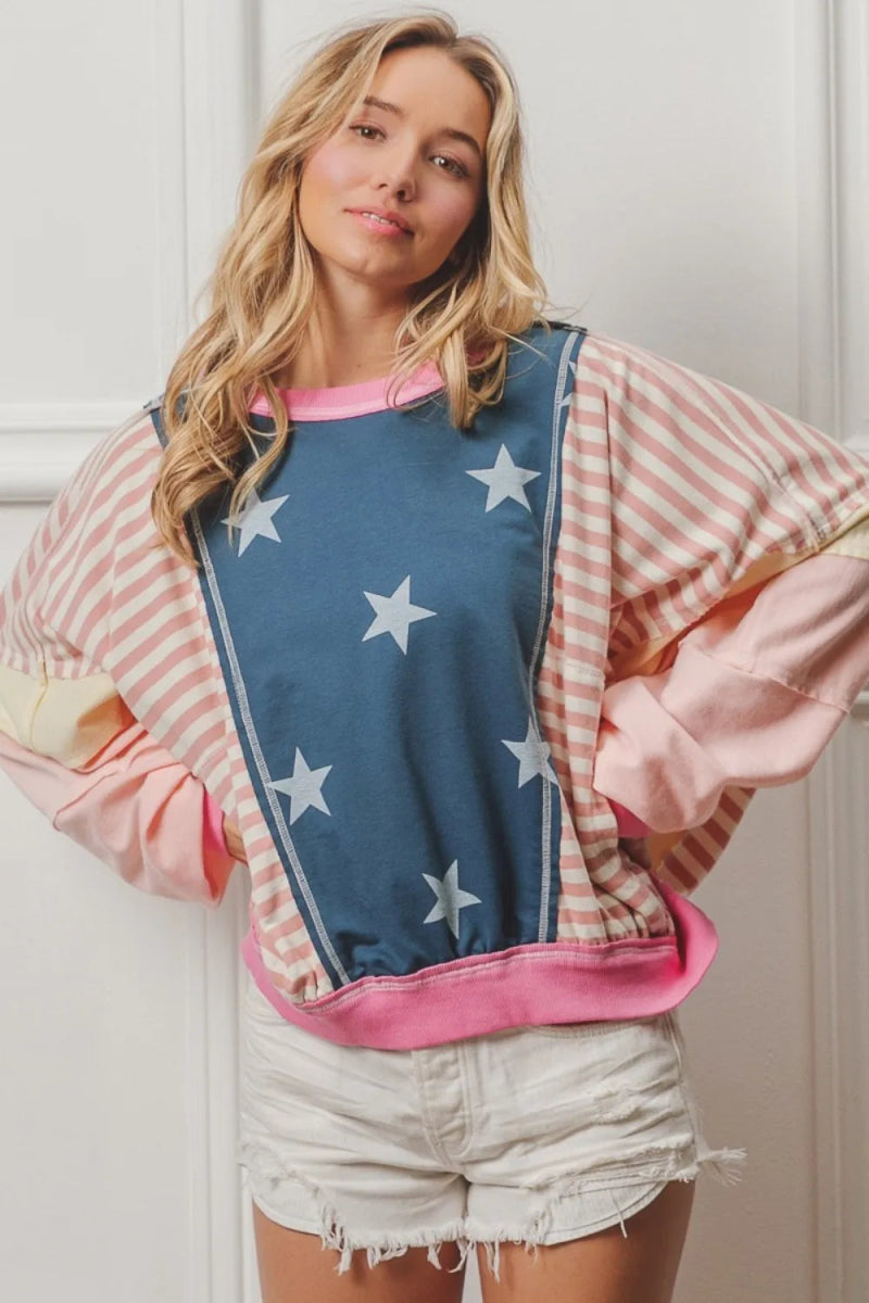 BiBi Stars and Stripes Round Neck Long Sleeve Top for Women - Love Salve