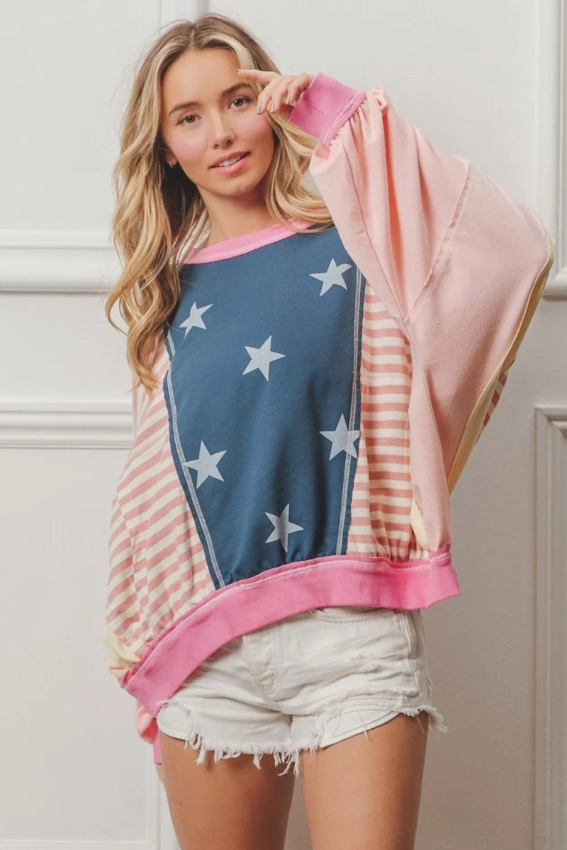 BiBi Stars and Stripes Round Neck Long Sleeve Top for Women - Love Salve