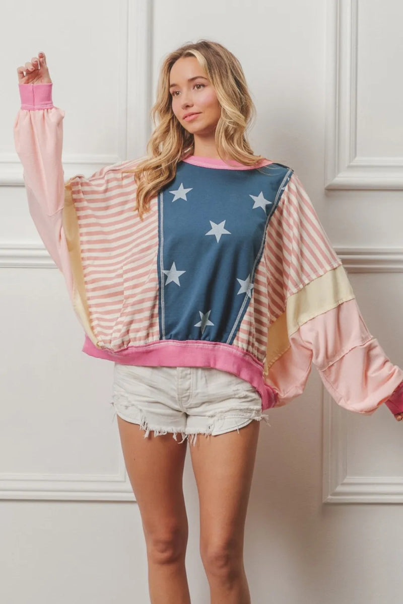 BiBi Stars and Stripes Round Neck Long Sleeve Top for Women - Love Salve