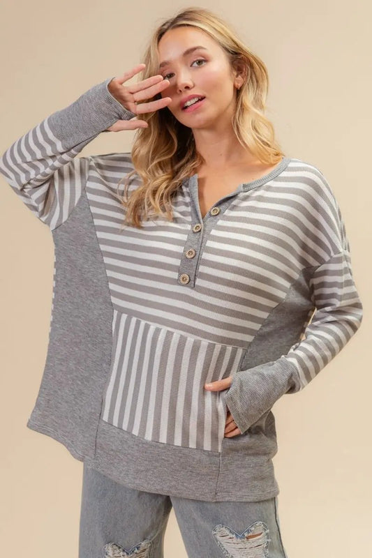 BiBi Striped Thumbhole Long Sleeve Top for Winter Wear - Love Salve