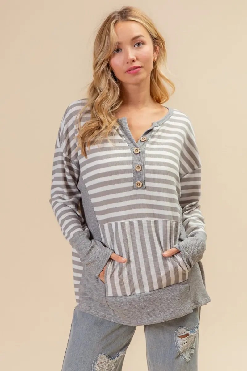 BiBi Striped Thumbhole Long Sleeve Top for Winter Wear - Love Salve