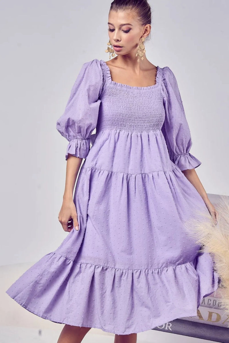 BiBi Swiss Dot Flounce Sleeve Smocked Tiered Midi Dress - Love Salve