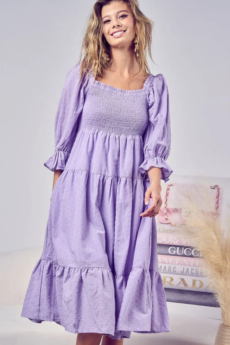 BiBi Swiss Dot Flounce Sleeve Smocked Tiered Midi Dress - Love Salve