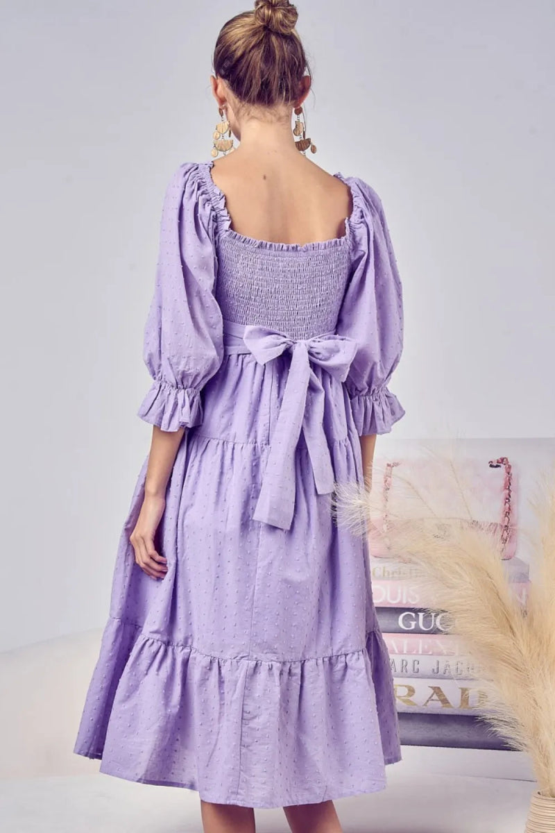 BiBi Swiss Dot Flounce Sleeve Smocked Tiered Midi Dress - Love Salve