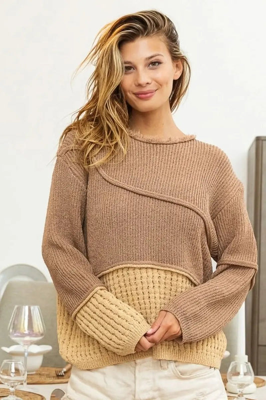 BiBi Texture Detail Contrast Drop Shoulder Sweater - Love Salve
