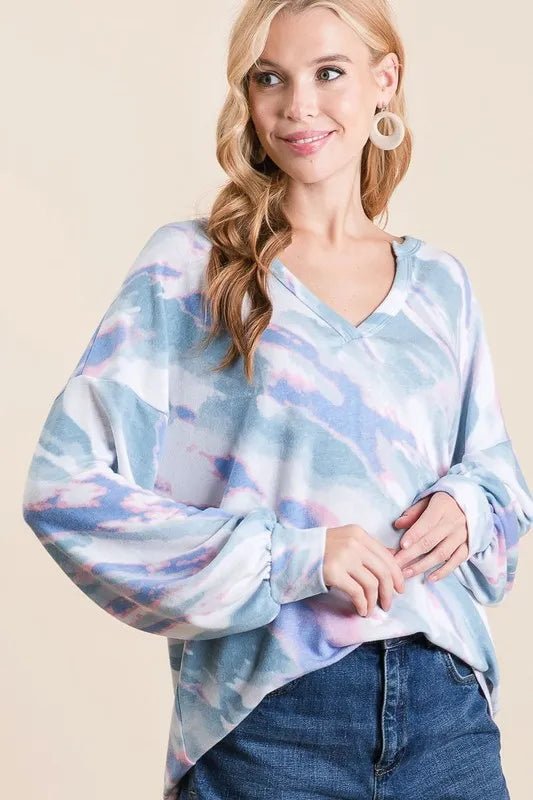 BiBi Tie Dye French Terry Top with Balloon Sleeves - Love Salve