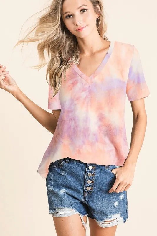 BiBi Tie Dye French Terry V Neck Top for Casual Style - Love Salve