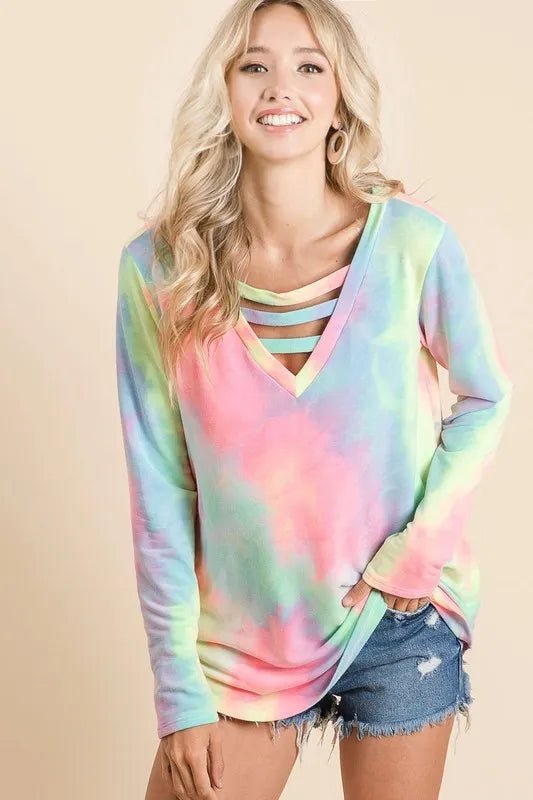 BiBi Tie Dye French Terry V - Neck Top with Strapped - Love Salve