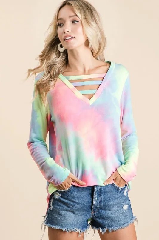 BiBi Tie Dye French Terry V - Neck Top with Strapped - Love Salve