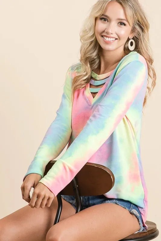 BiBi Tie Dye French Terry V - Neck Top with Strapped - Love Salve