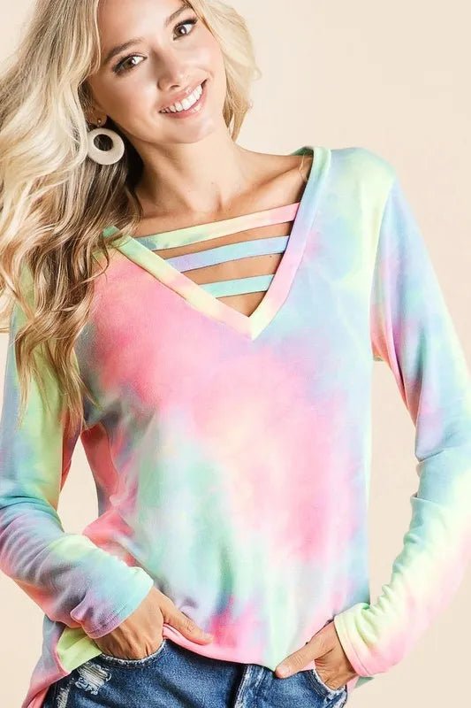 BiBi Tie Dye French Terry V - Neck Top with Strapped - Love Salve