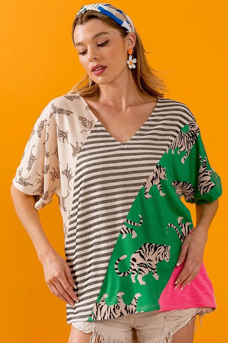 BiBi Tiger W Stripe Contrast Color Block V Neck Top for Women - Love Salve