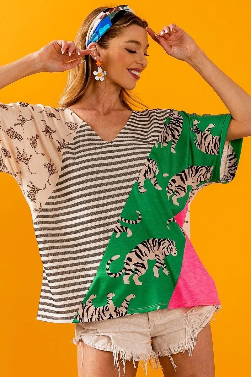 BiBi Tiger W Stripe Contrast Color Block V Neck Top for Women - Love Salve