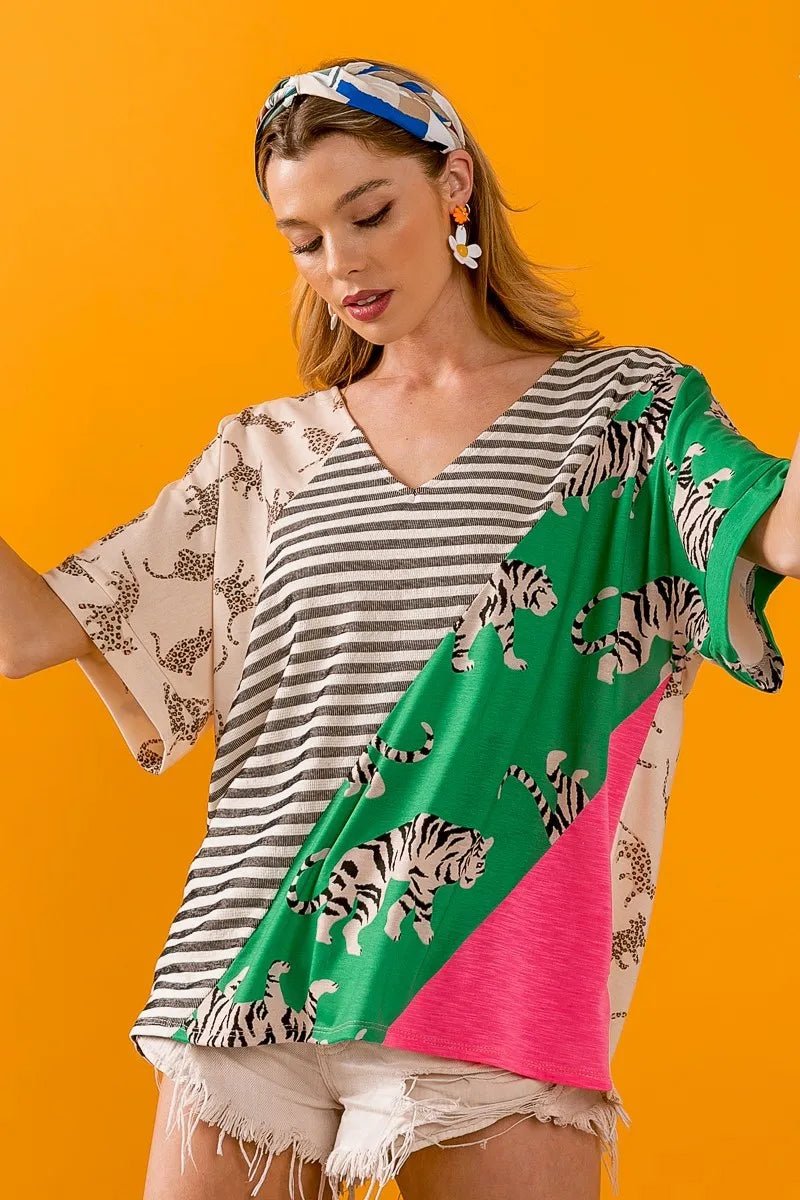 BiBi Tiger W Stripe Contrast Color Block V Neck Top for Women - Love Salve