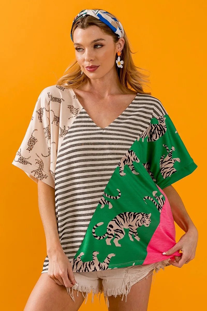 BiBi Tiger W Stripe Contrast Color Block V Neck Top for Women - Love Salve