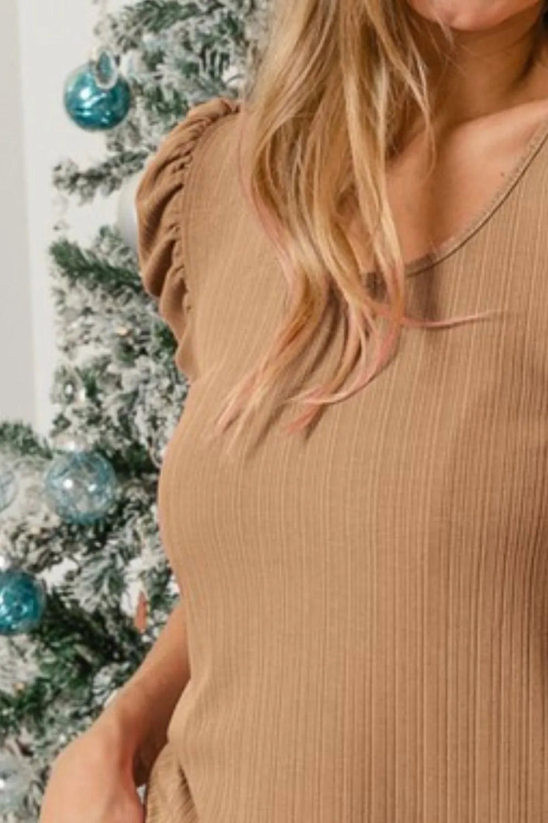 BiBi Verigated Rib Knit Puff Sleeves Shorts Top for Women - Love Salve