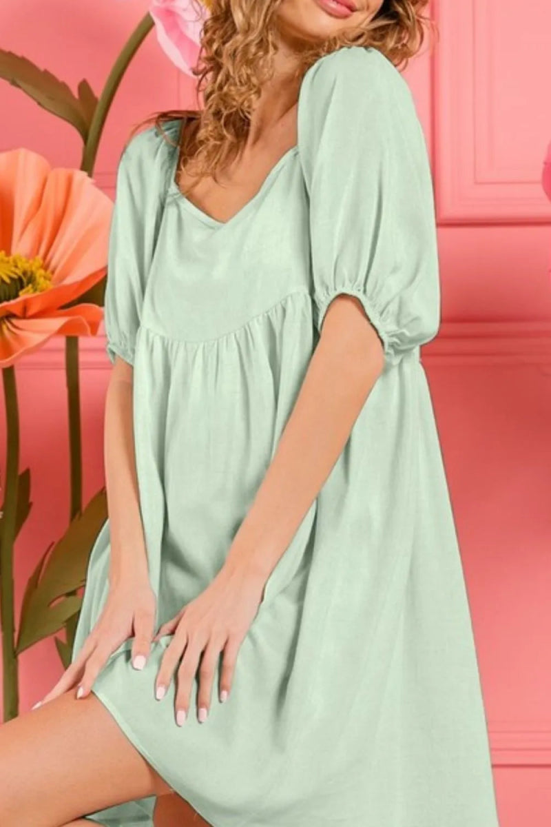 BiBi Washed Linen Tiered Midi Dress with Puff Sleeves - Love Salve