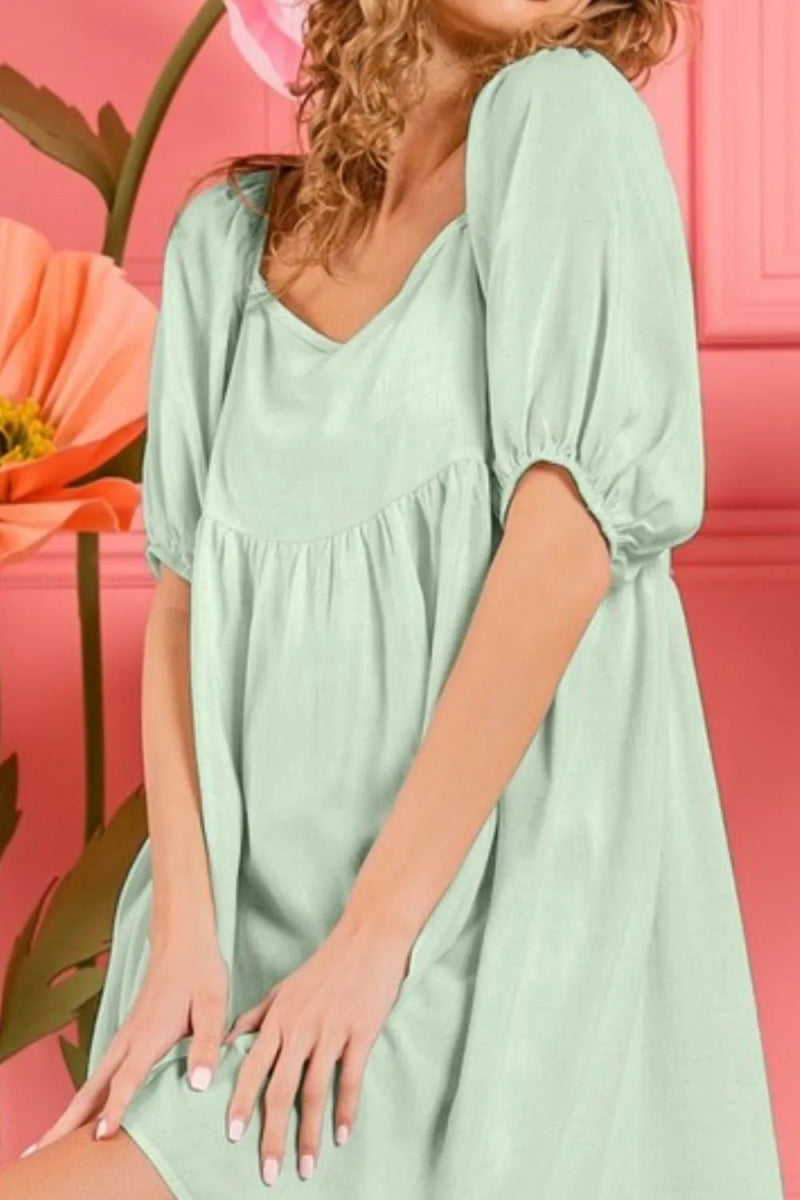 BiBi Washed Linen Tiered Midi Dress with Puff Sleeves - Love Salve