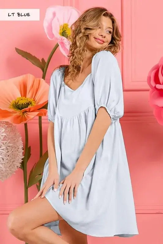 BiBi Washed Linen Tiered Midi Dress with Puff Sleeves - Love Salve