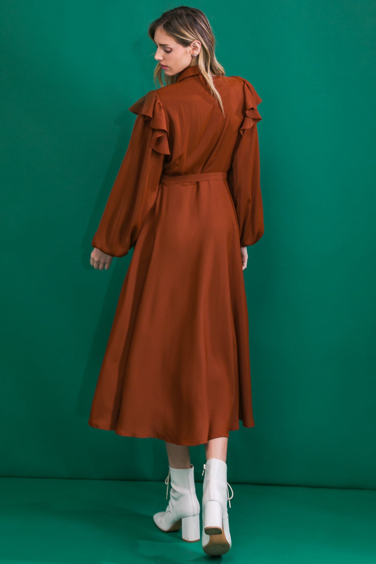 TIER ELEGANCE BROWN WOVEN MIDI DRESS Flying Tomato