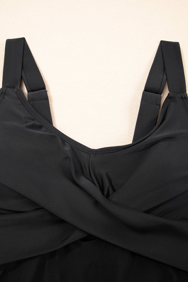Black Adjustable Straps Cutout Ruched Knot Slit Swim Dress - Love Salve