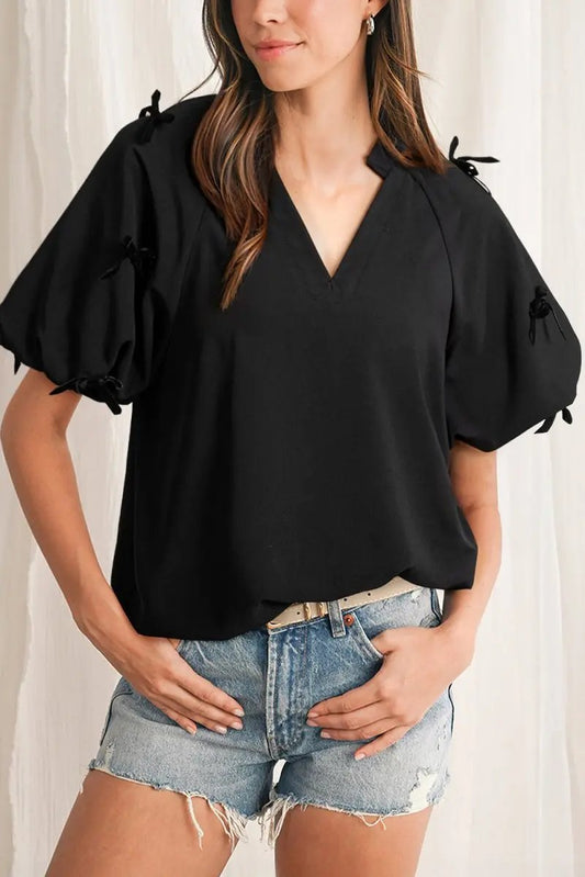 Black Bow Decor Puff Sleeve Split Neck Blouse for Women - Love Salve