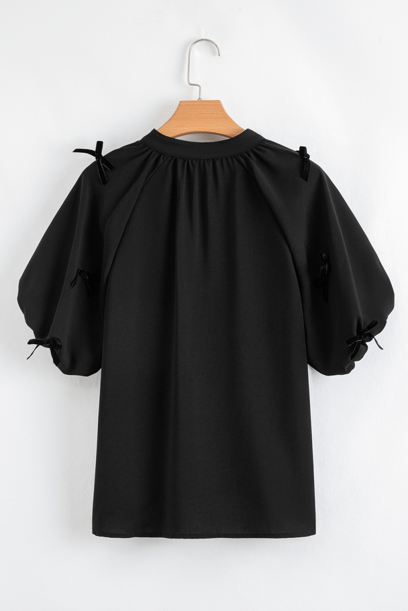 Black Bow Decor Puff Sleeve Split Neck Blouse for Women - Love Salve