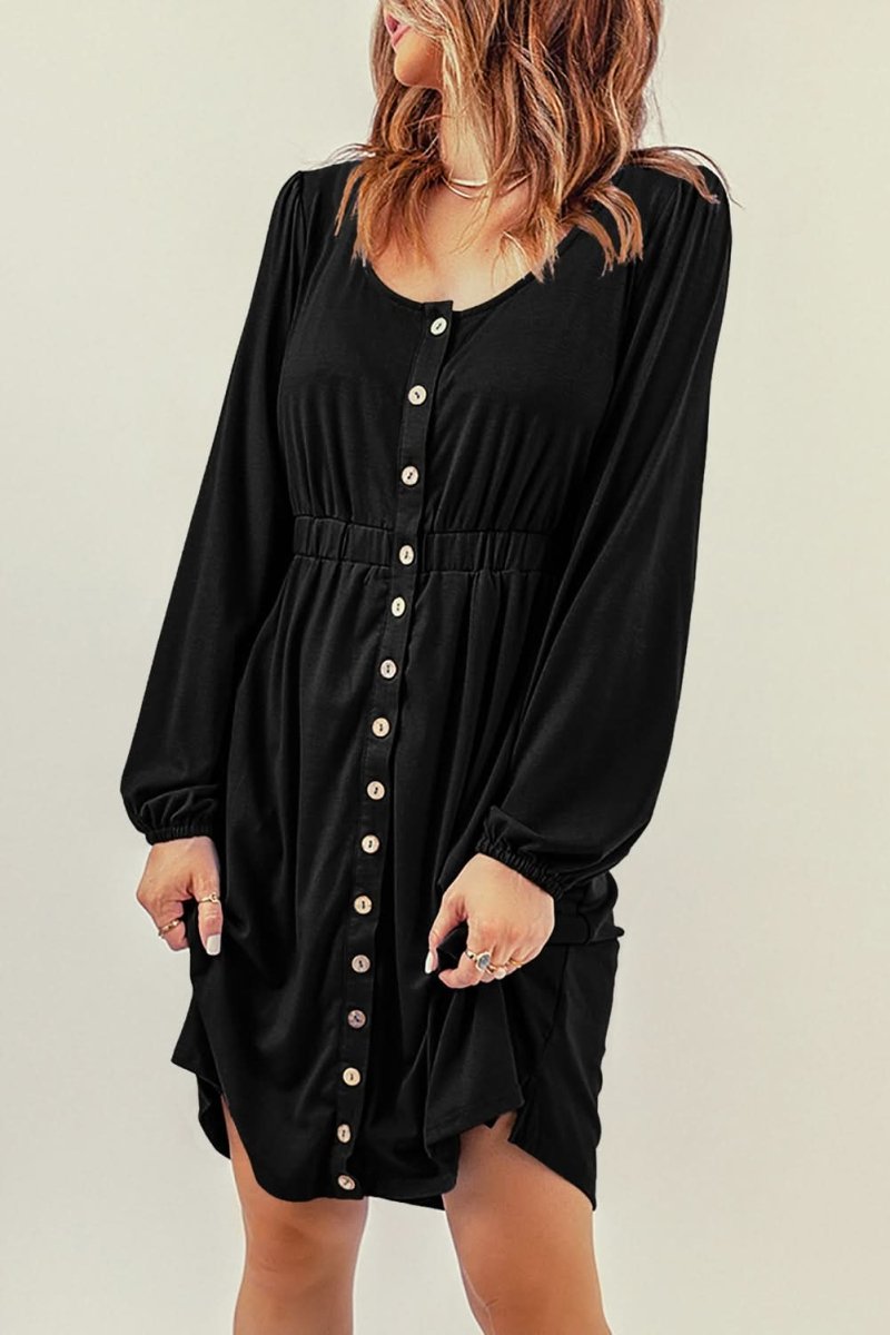 Black Button Up High Waist Long Sleeve Dress - Love Salve