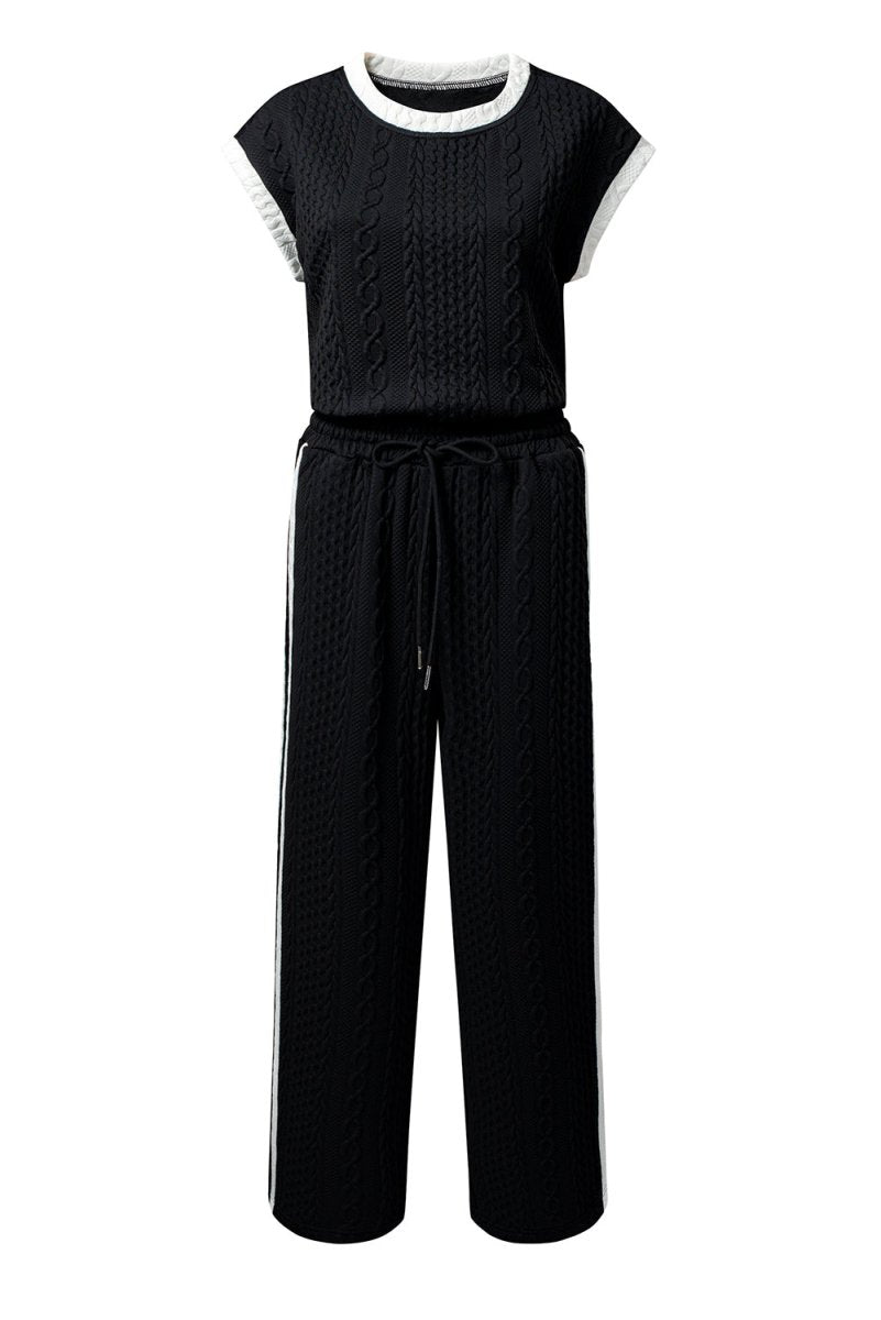 Black Cable Knit Contrast Trim Short Sleeve Top and Pants Set - Love Salve