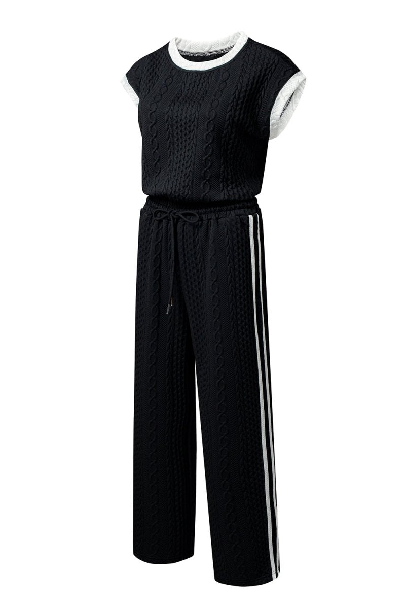 Black Cable Knit Contrast Trim Short Sleeve Top and Pants Set - Love Salve