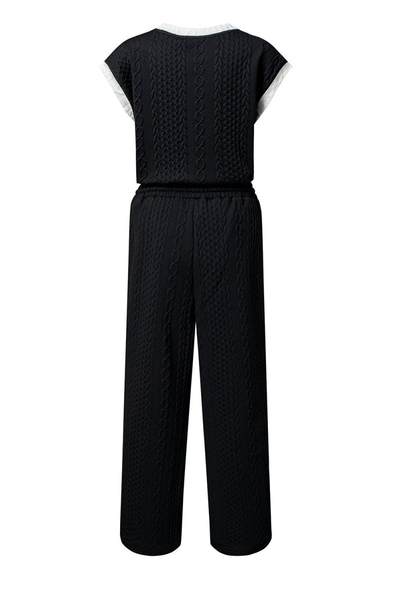 Black Cable Knit Contrast Trim Short Sleeve Top and Pants Set - Love Salve