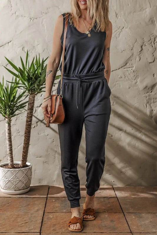 Black Casual Tank Style Tie Waist Pocketed Jogger Jumpsuit for Women - Love Salve
