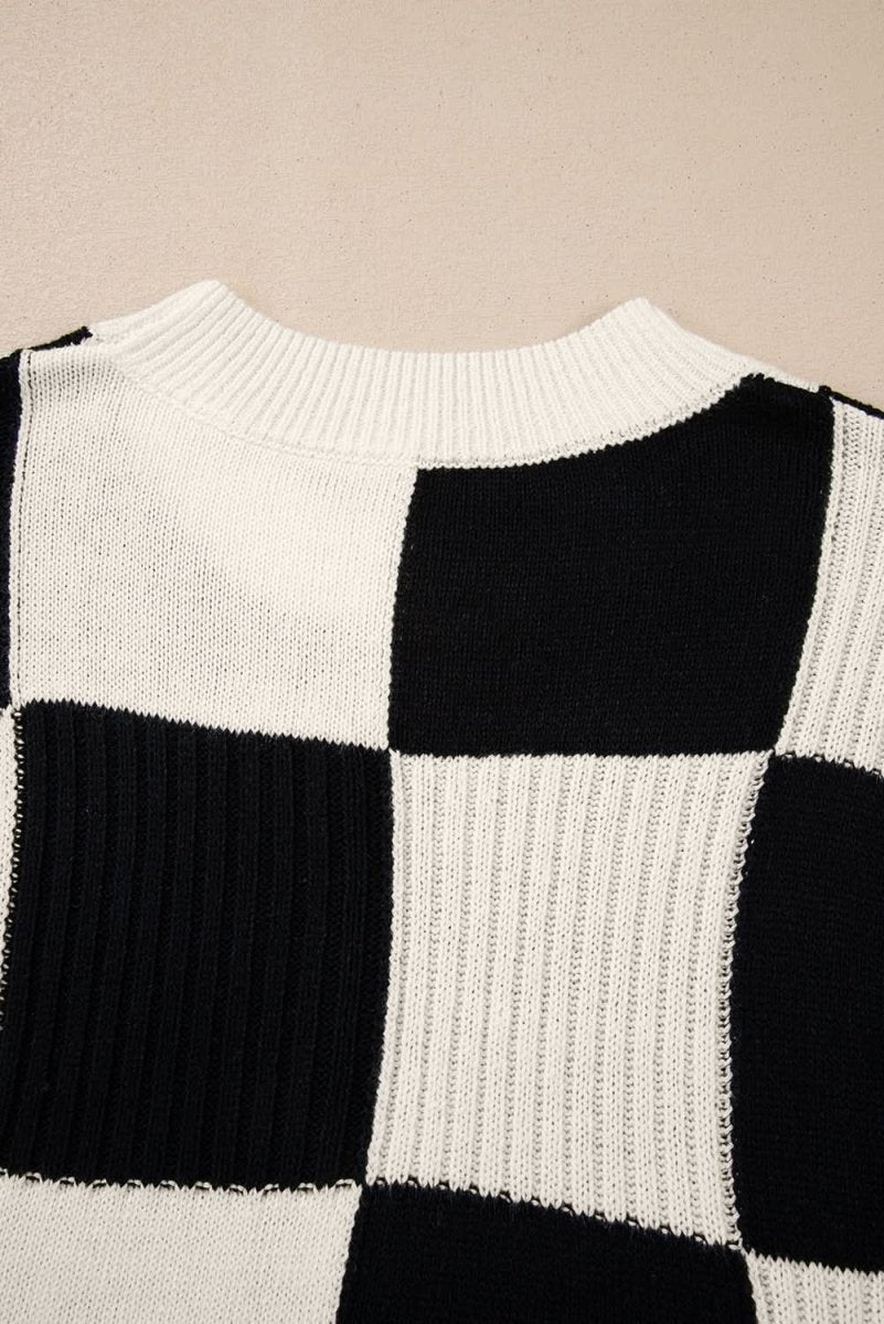 Black Checkered Color Block Crew Neck Short Sleeve Sweater - Love Salve