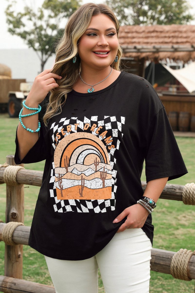 Black Checkered DESERT DREAMS Plus Size Ripped Tee - Love Salve